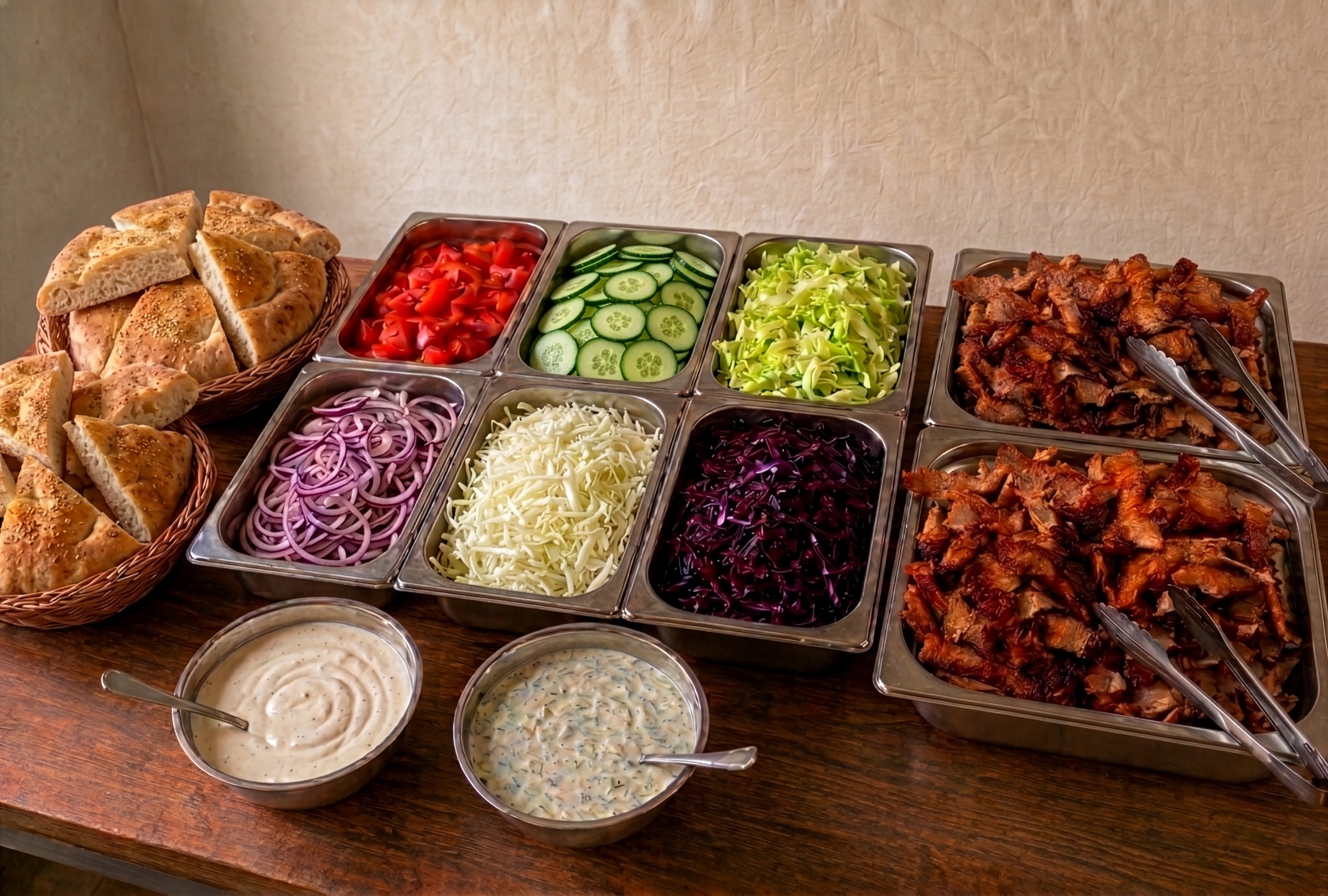 Dönerbuffet mit Dönerfleisch, Fladenbrot, frischen Salaten und Saucen in Schalen