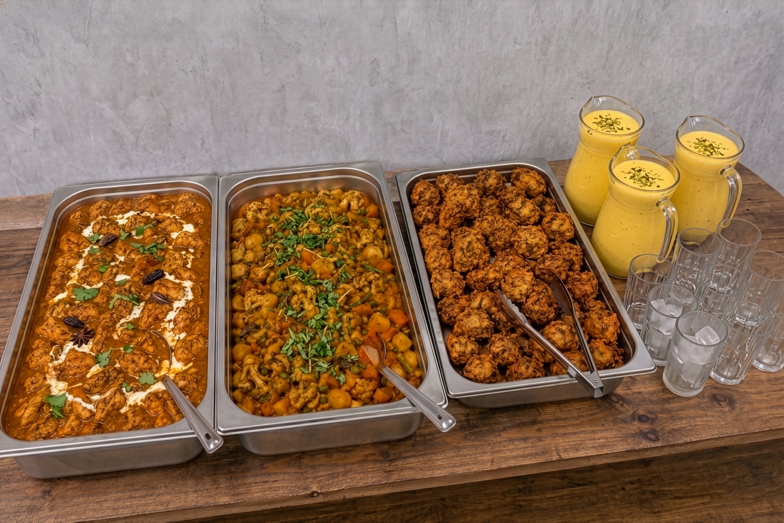 Indisches Buffet von Red Onion in Gastronomiebehältern, daneben Krüge mit Mango Lassi