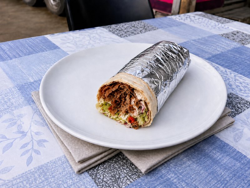 Dürüm mit Dönerfüllung auf weißem Teller