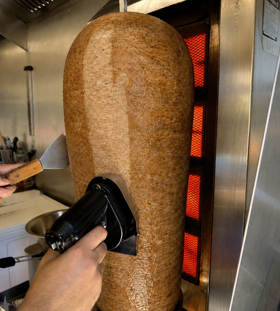 Dönerspieß vor der glühenden Grillwand, davor die Hand mit dem Schneidemesser